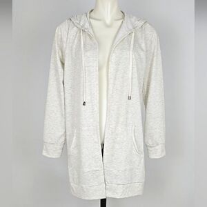 Cyrus Women's Cream Grey Open Front Hooded Long Lightweight Cardigan Pockets M